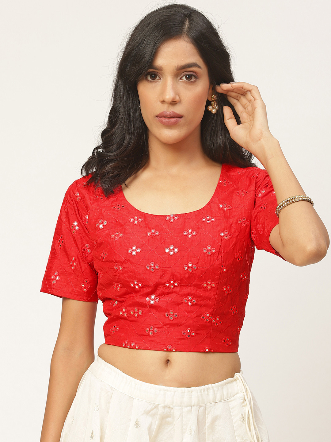 

Shaily Women Red Mirror Work Saree Blouse