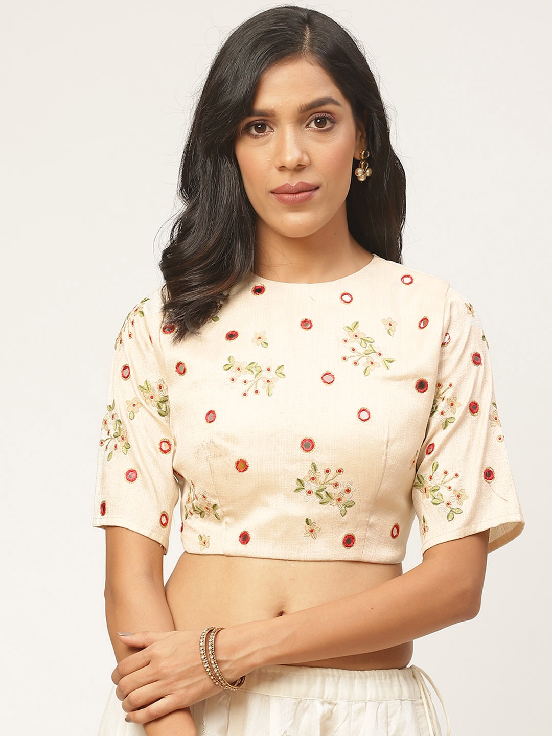 

Shaily Women Off-White & Red Embroidered Saree Blouse