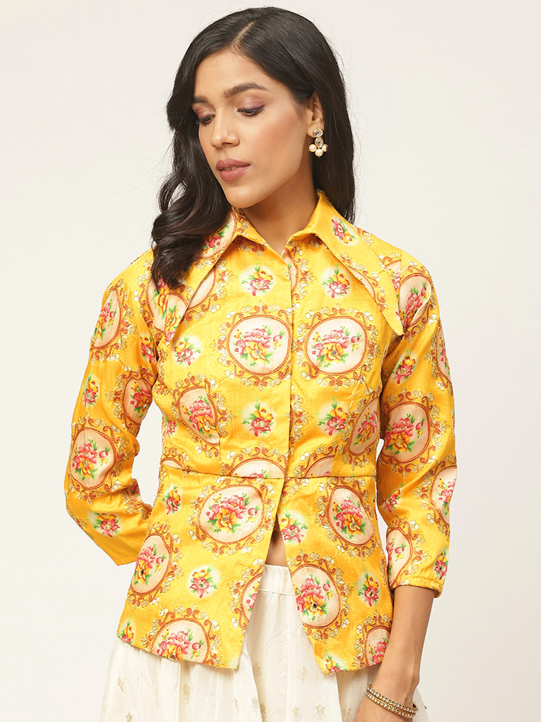 

Shaily Women Yellow & Pink Printed Shirt Style Saree Blouse