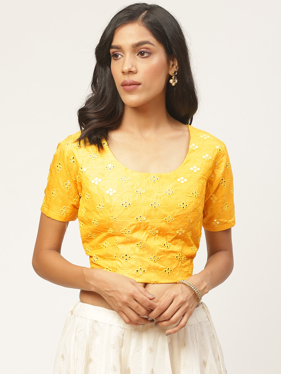 

Shaily Women Yellow Embellished Saree Blouse
