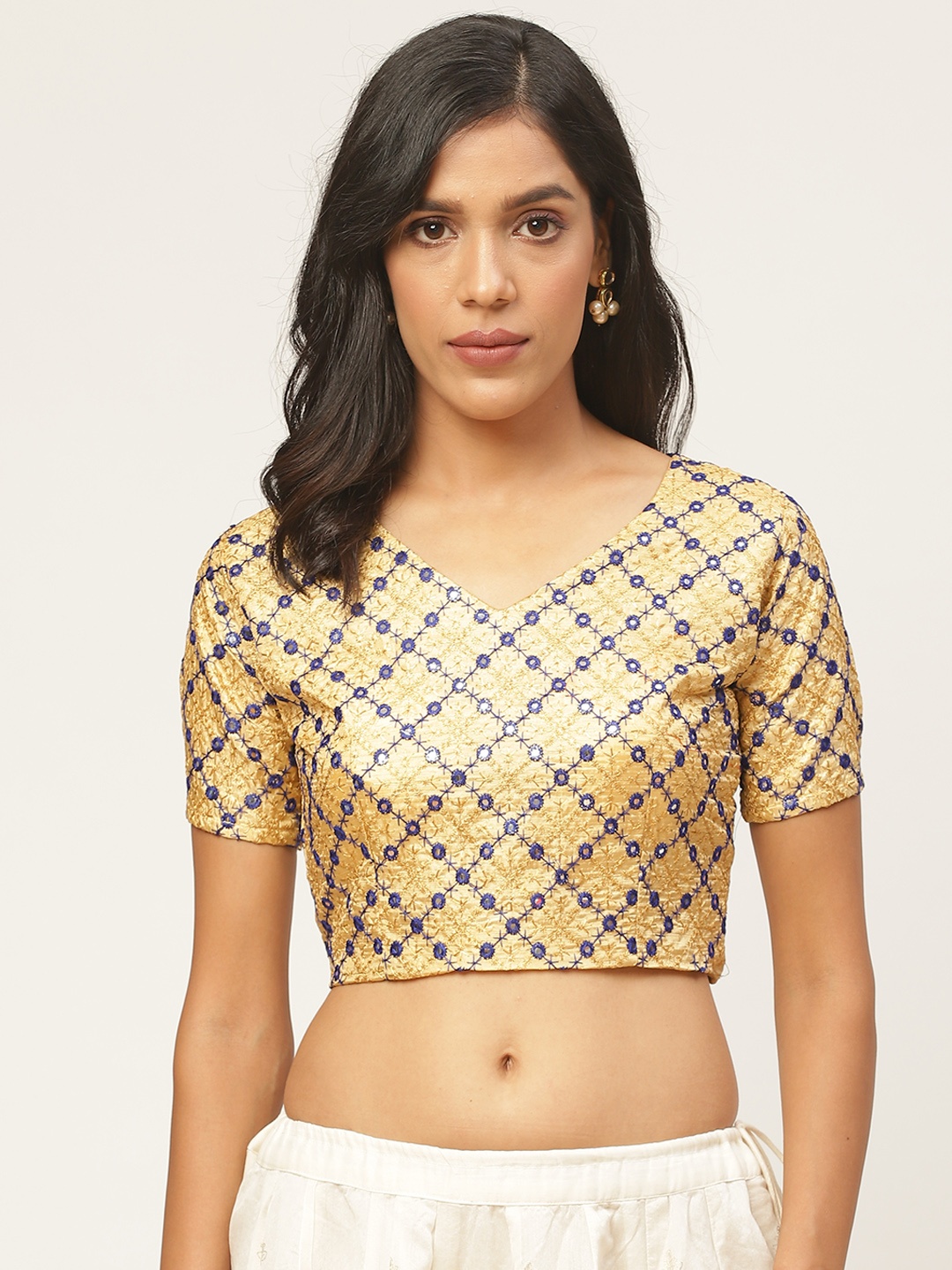 

Shaily Women Beige & Blue Embellished Saree Blouse