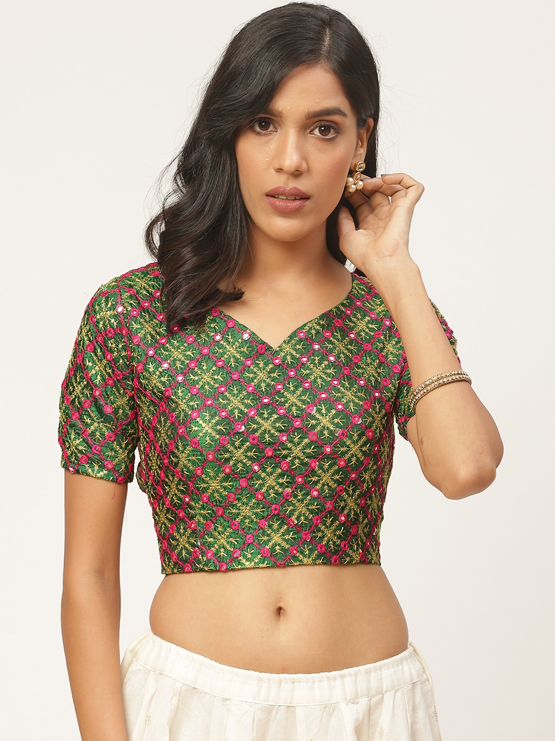 

Shaily Women Green & Pink Embellished Saree Blouse