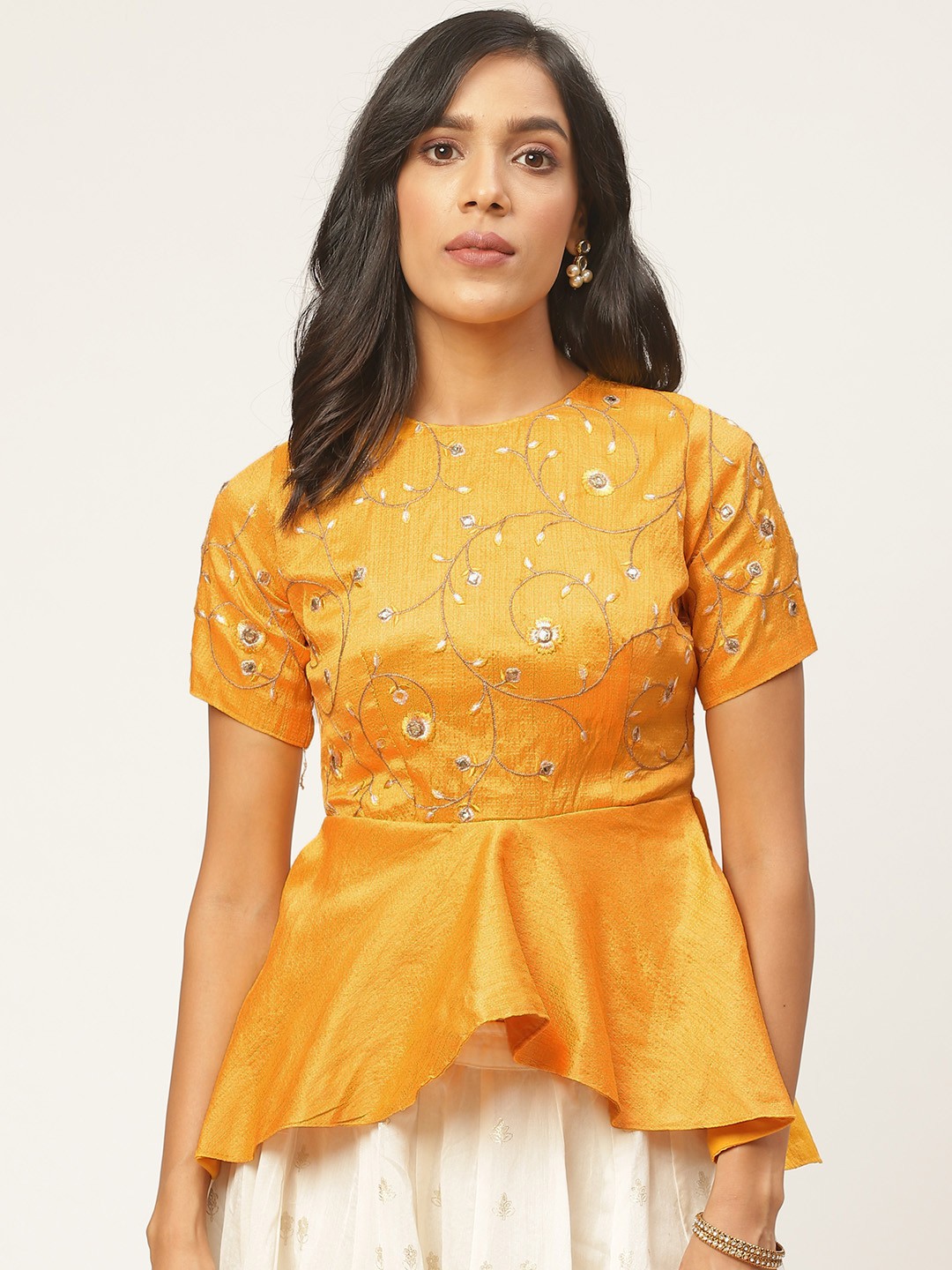 

Shaily Women Yellow & Golden Embellished Asymmetric Frock Style Saree Blouse