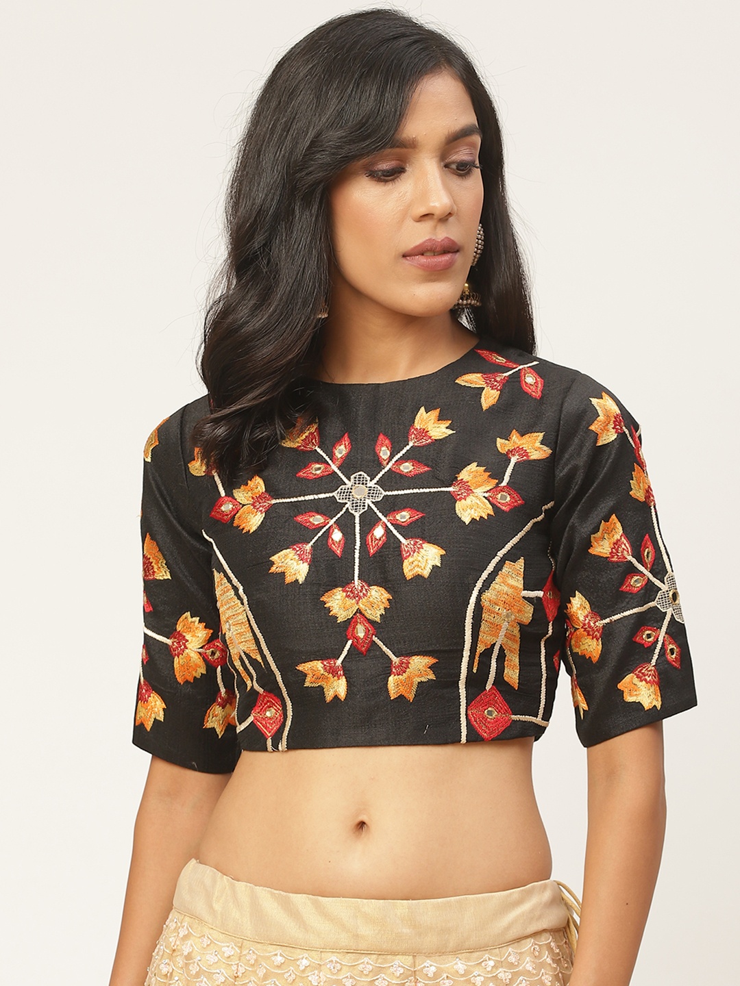 

Shaily Women Black & Yellow Floral Embellished Saree Blouse