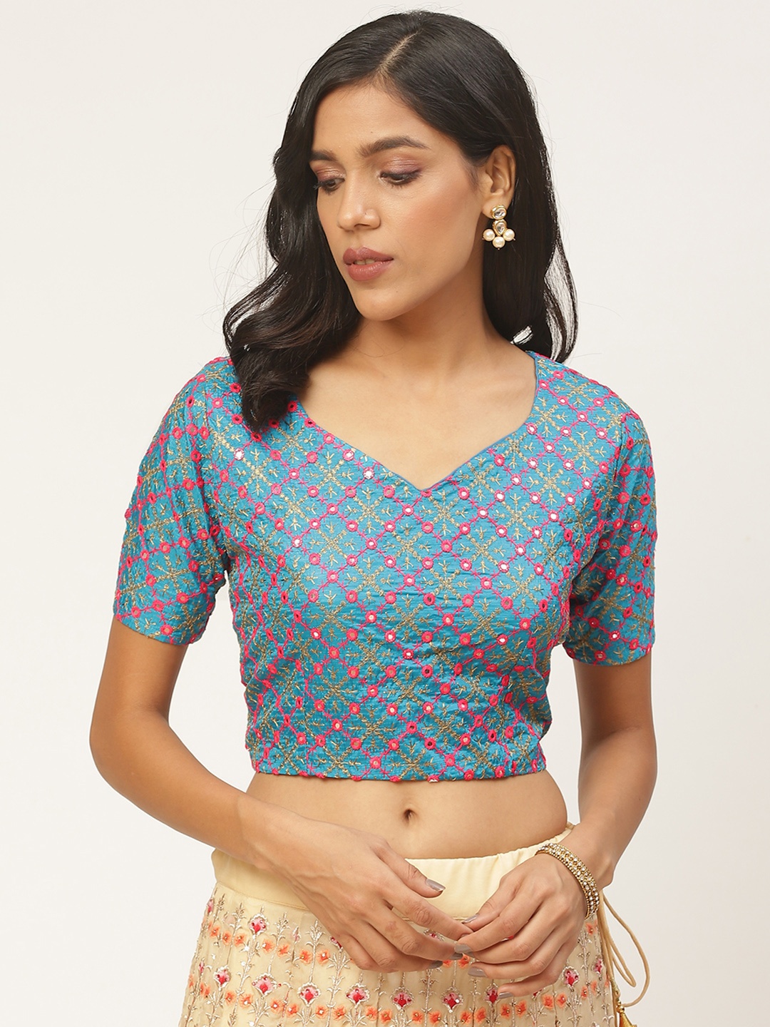 

Shaily Women Blue & Pink Embellished Saree Blouse
