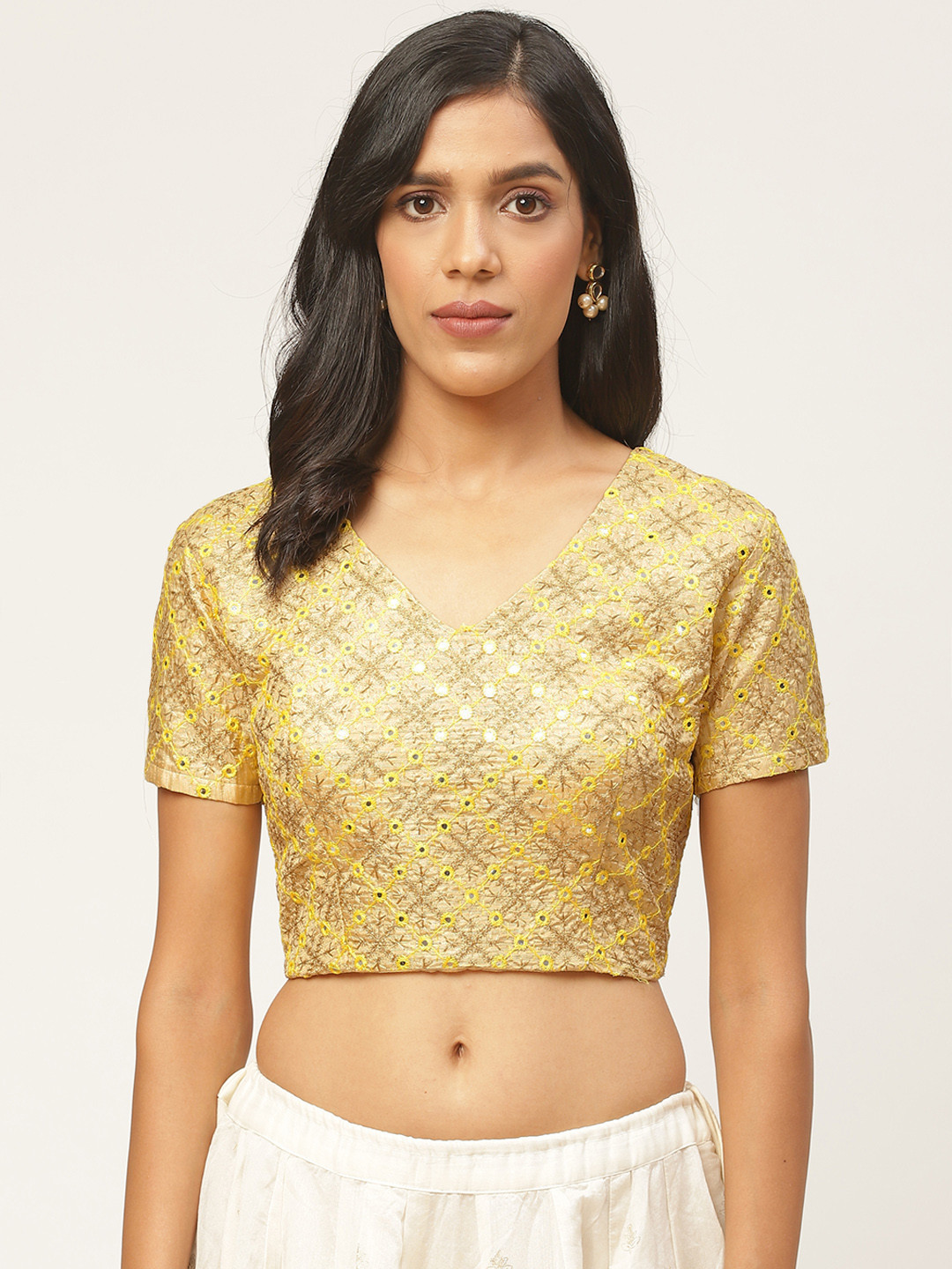 

Shaily Women Beige & Golden Embellished Saree Blouse