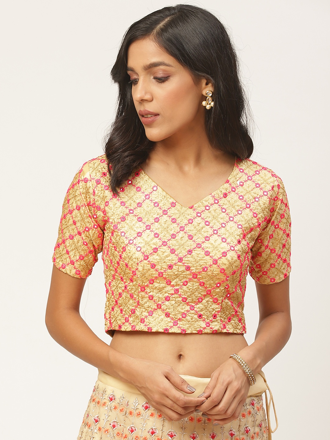 

Shaily Women Beige & Pink Embellished Saree Blouse