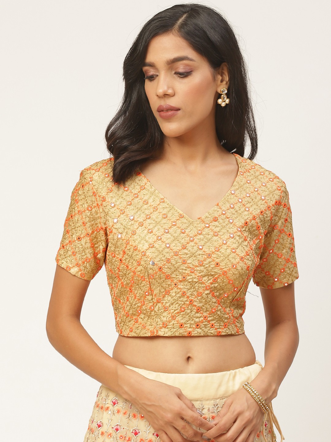 

Shaily Women Beige & Orange Embellished Saree Blouse