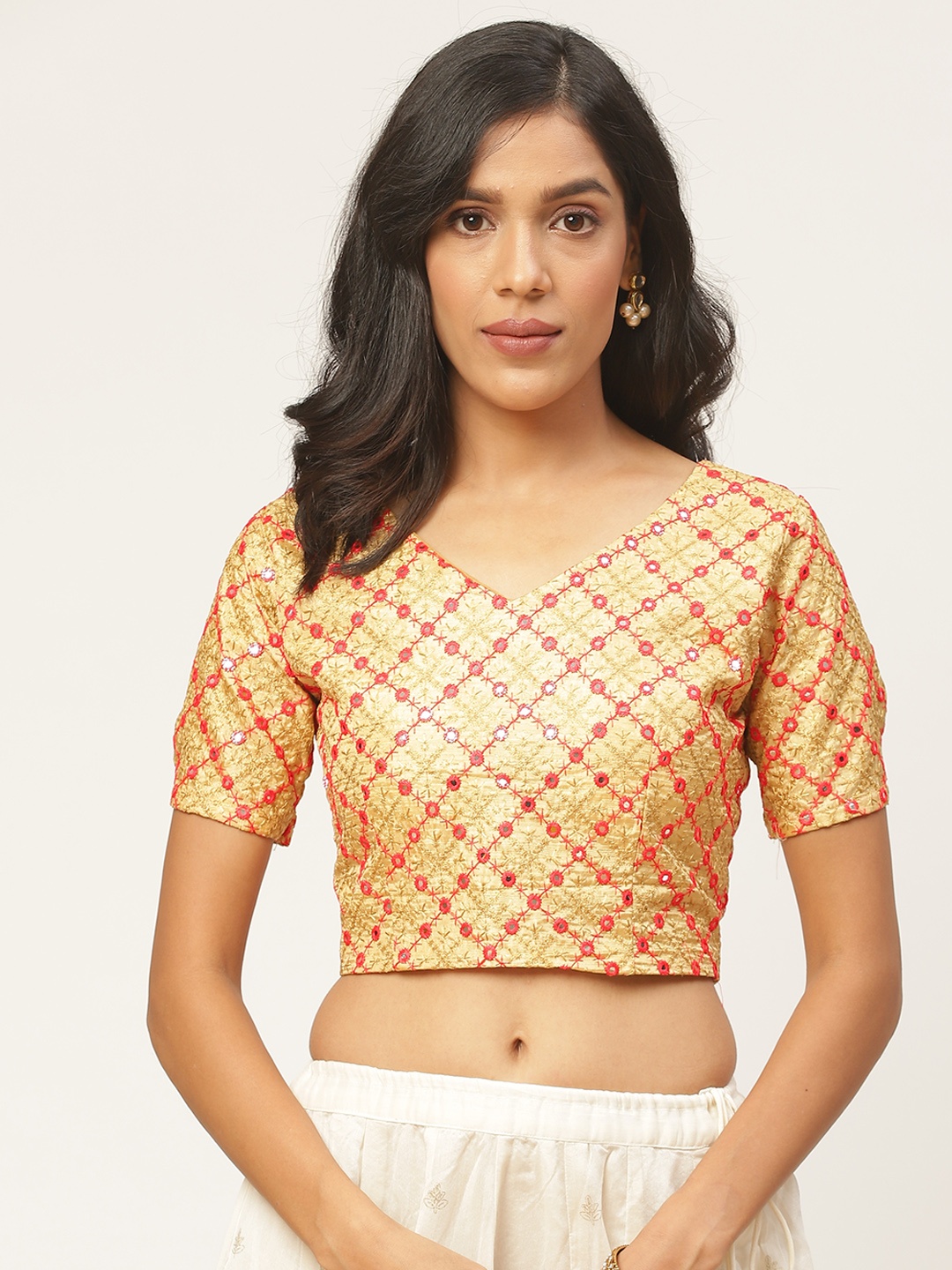 

Shaily Women Beige & Red Embellished Saree Blouse
