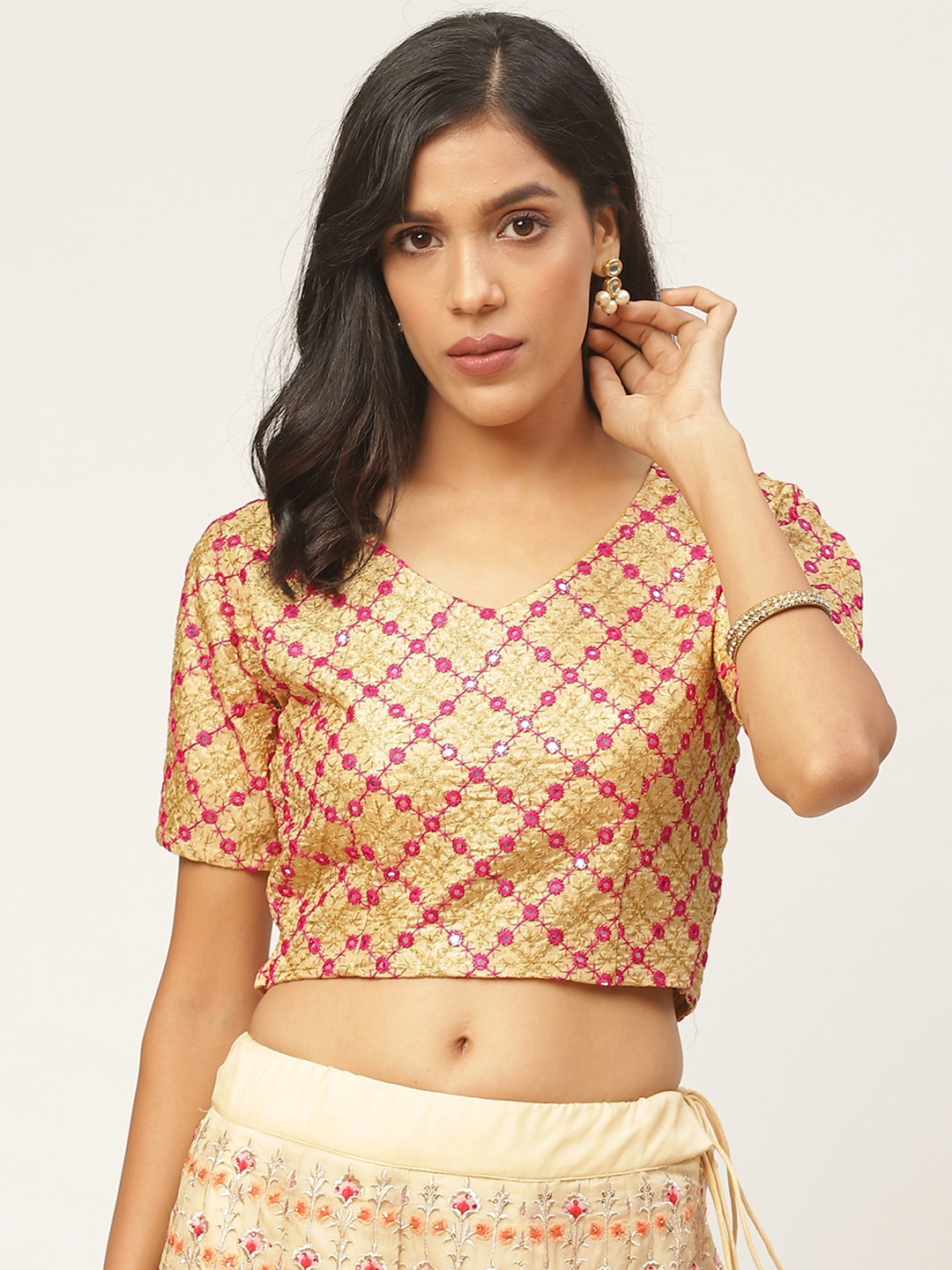 

Shaily Women Beige & Pink Embellished Saree Blouse