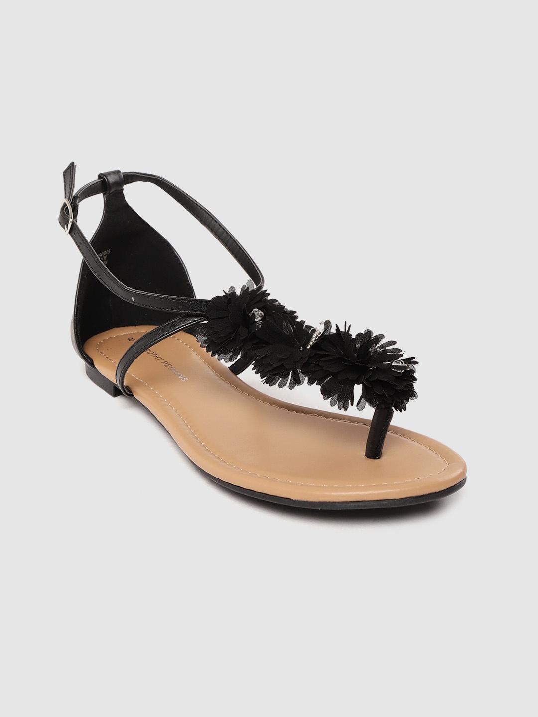 

DOROTHY PERKINS Women Black Floral Applique T-Strap Flats