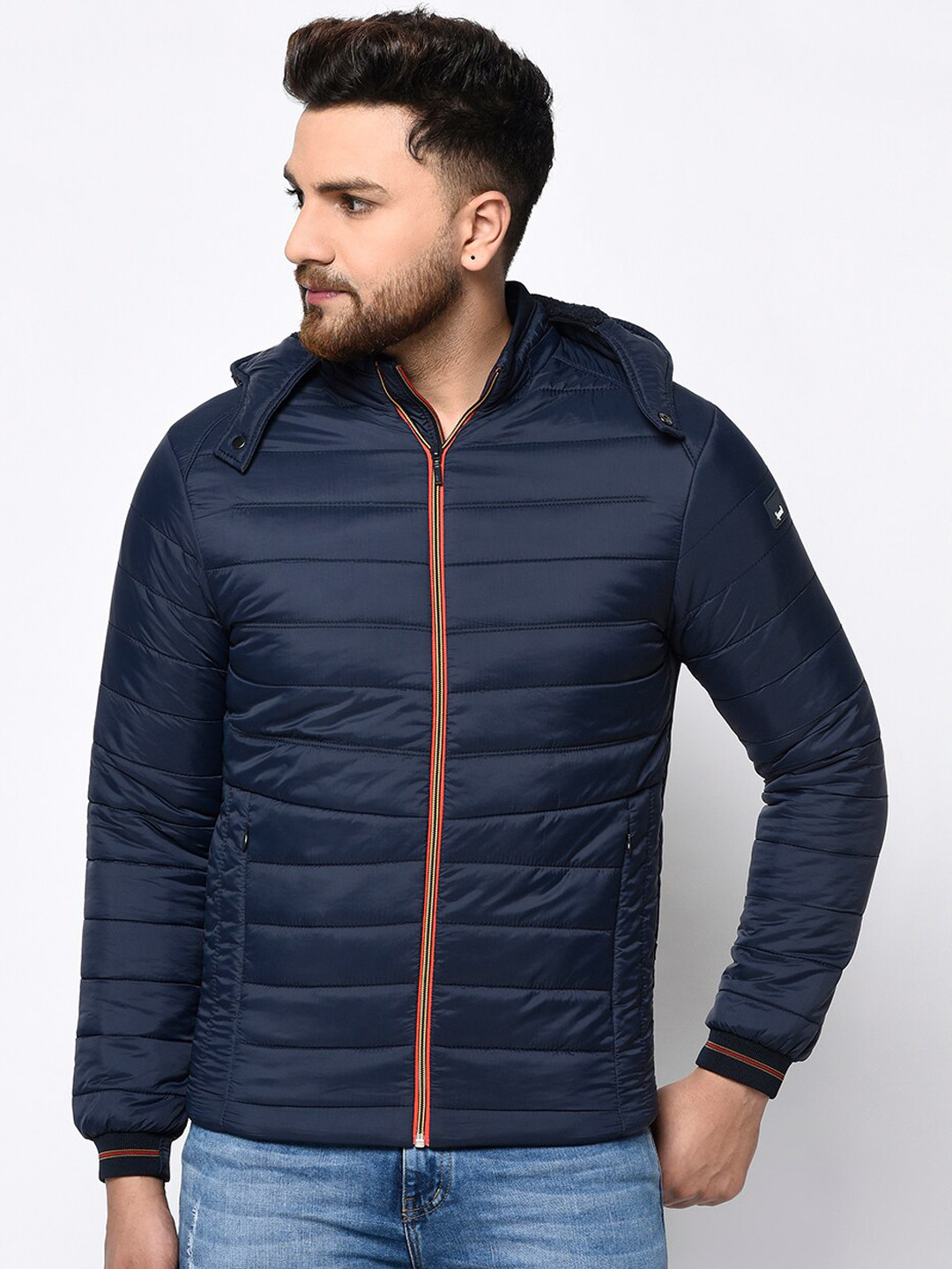

Spirit Men Navy Blue Solid Windcheater Hooded Puffer Jacket