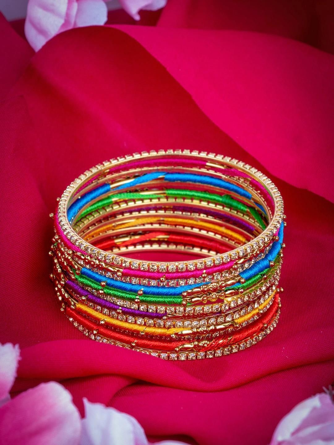 

AccessHer Multicoloured Set of 13 Brass-Plated Silk Thread Bangles, Multi