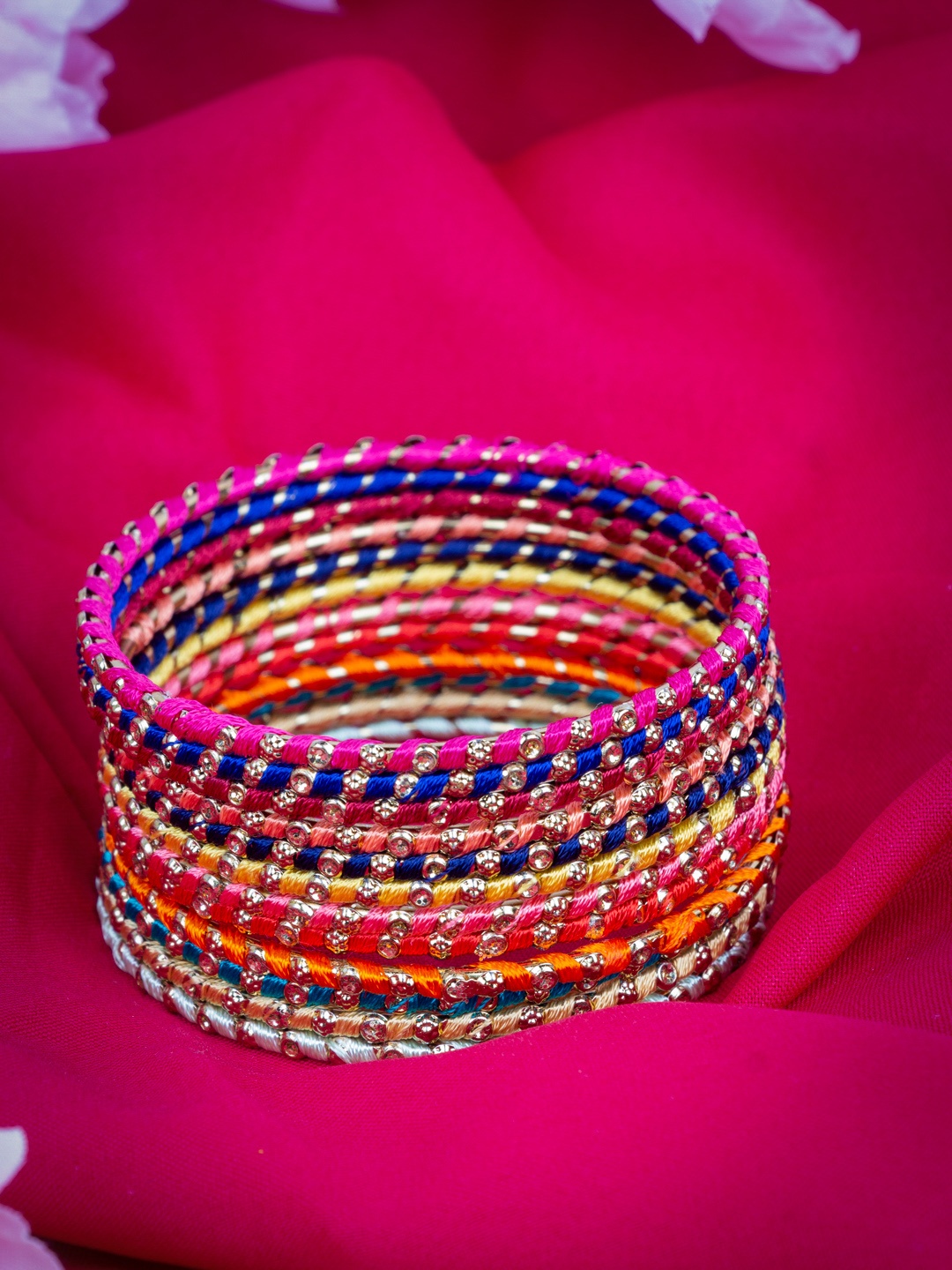 

AccessHer Multicoloured Set of 12 Brass-Plated Silk Thread Bangles, Multi