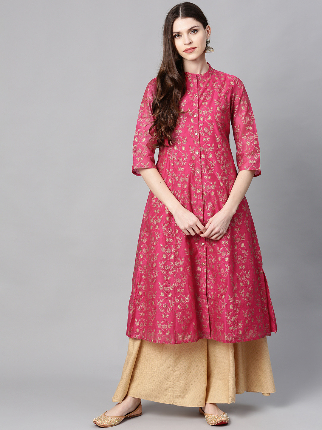 

Juniper Women Pink & Golden Foil Print A-Line Kurta