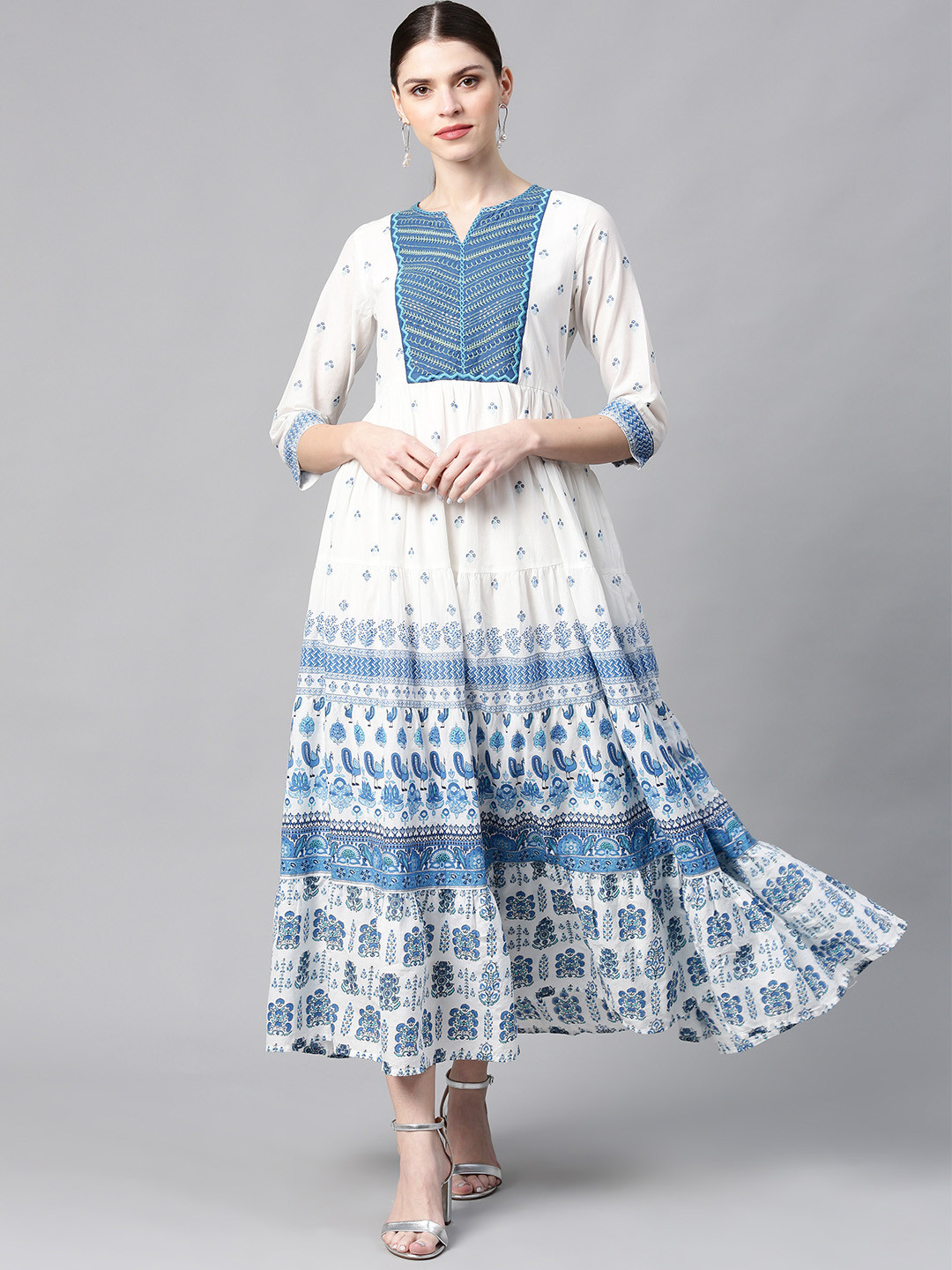 

Juniper Women White & Blue Tiered Printed Maxi Dress
