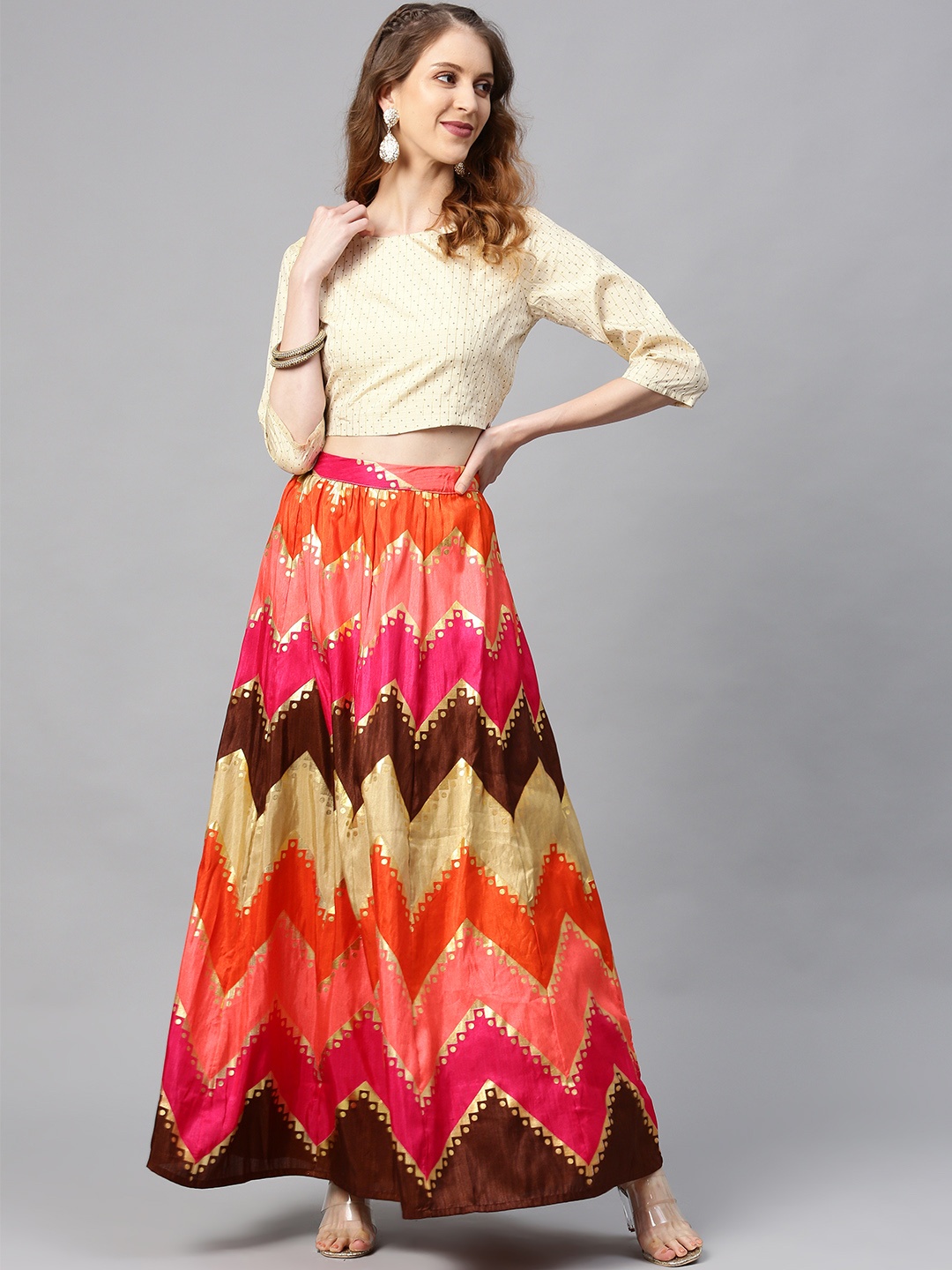 Juniper Pink & Beige Foil Print Ready to Wear Lehenga with Blouse