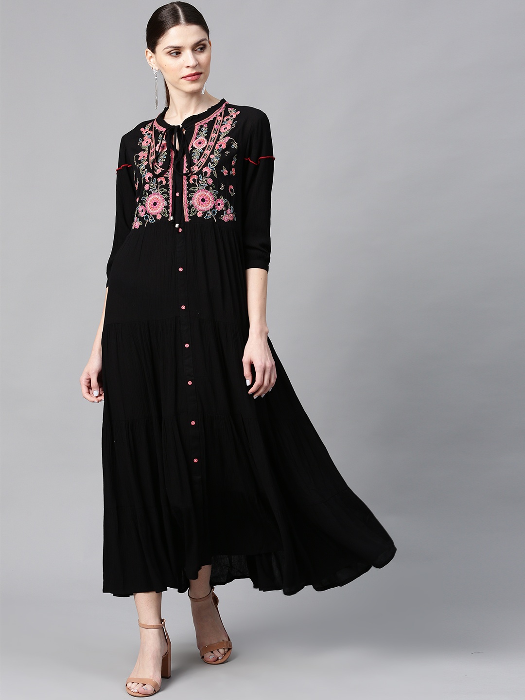 

Juniper Women Black & Pink Embroidered Tiered Maxi Dress