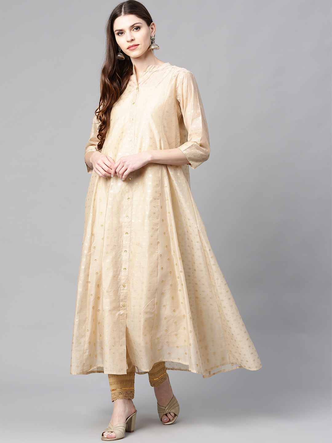 

Juniper Women Beige & Golden Printed A-Line Kurta