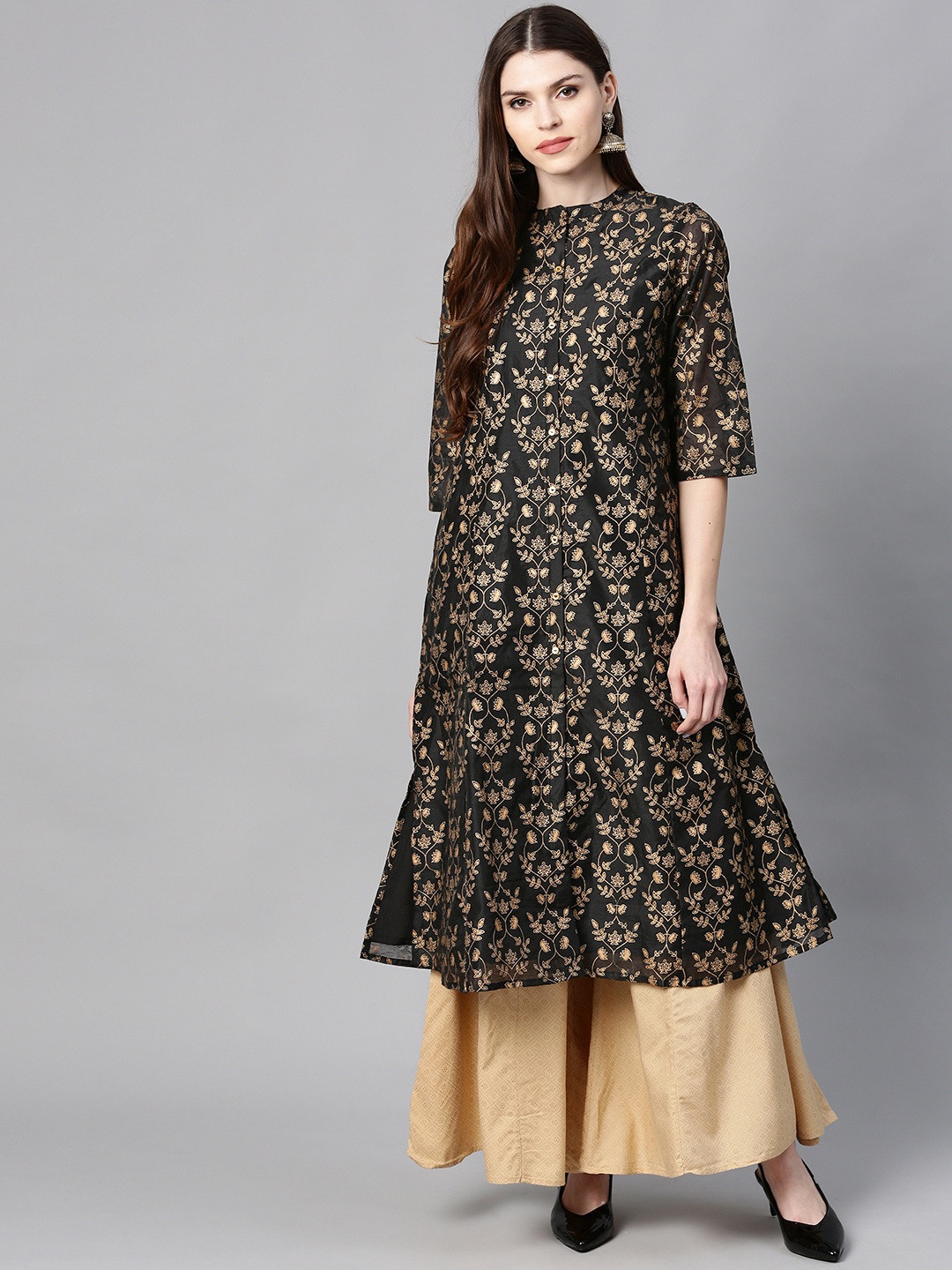 

Juniper Women Black & Golden Foil Print A-Line Kurta
