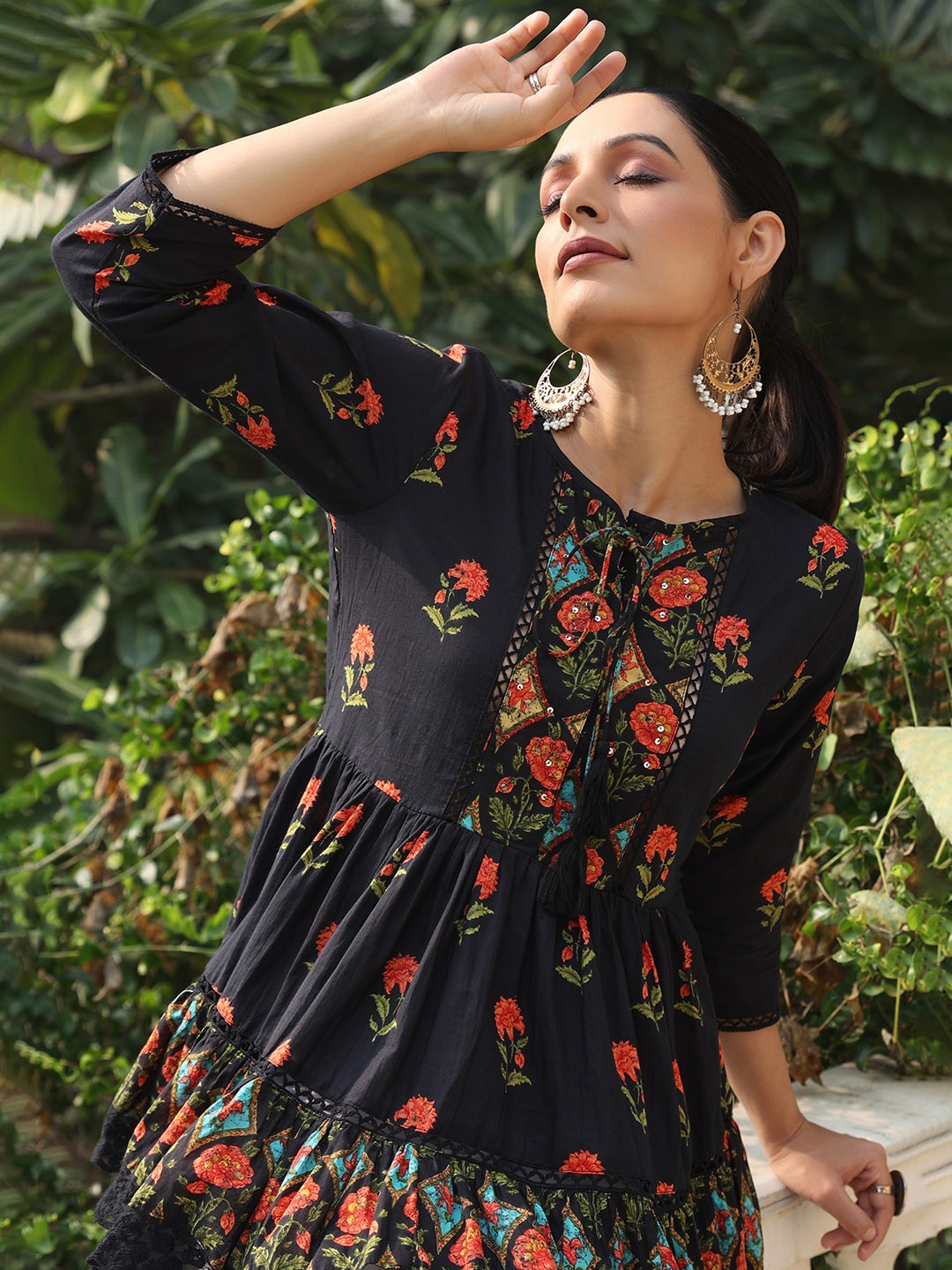 

Juniper Women Black & Red Sequinned Detail Floral Print A-Line Pure Cotton Top with Lace Inserts