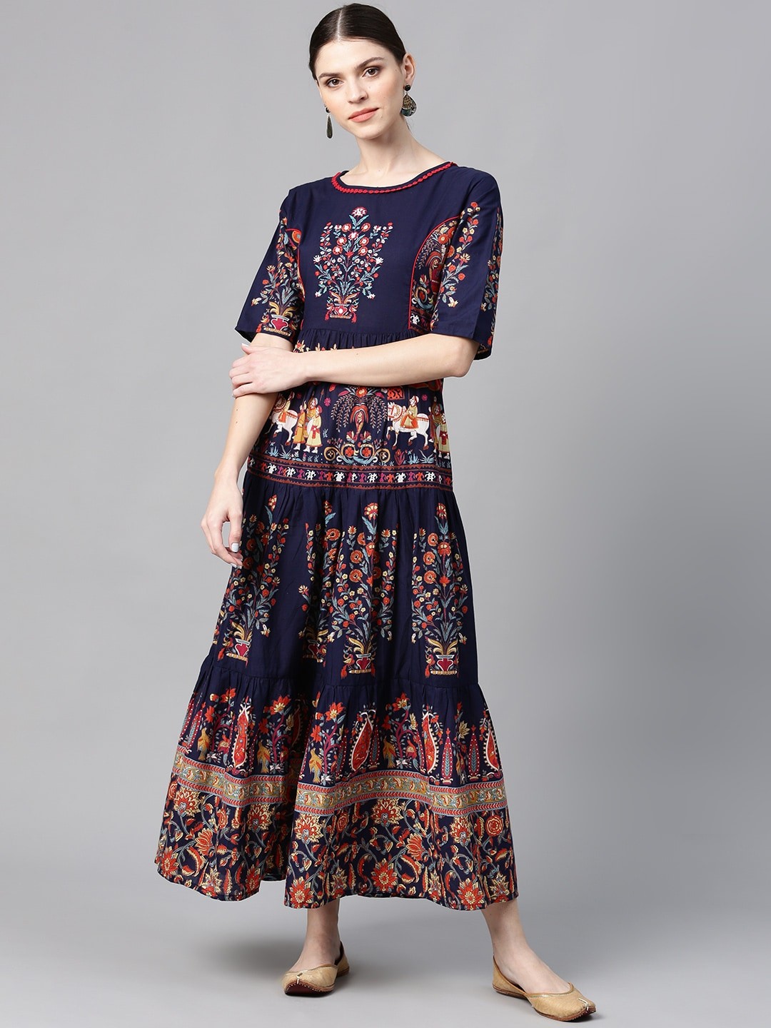 

Juniper Women Navy Blue & Orange Printed Maxi Tiered Dress