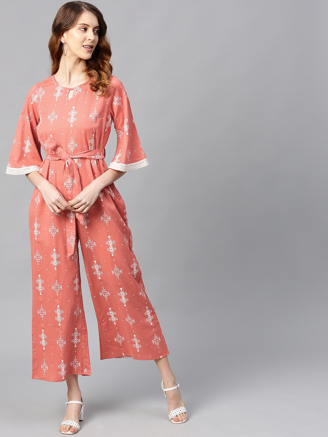 

Juniper Women Peach-Coloured & Off-White Printed Basic Jumpsuit