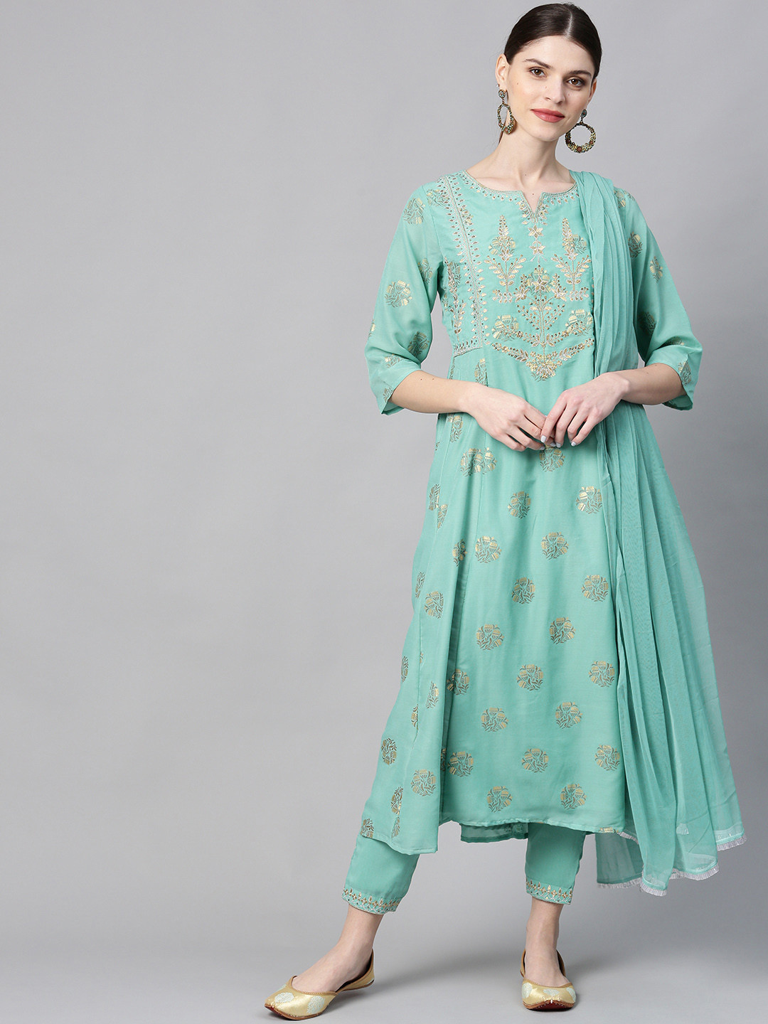 

Juniper Women Sea Green & Gold-Toned Embroidered Kurta with Trousers & Dupatta
