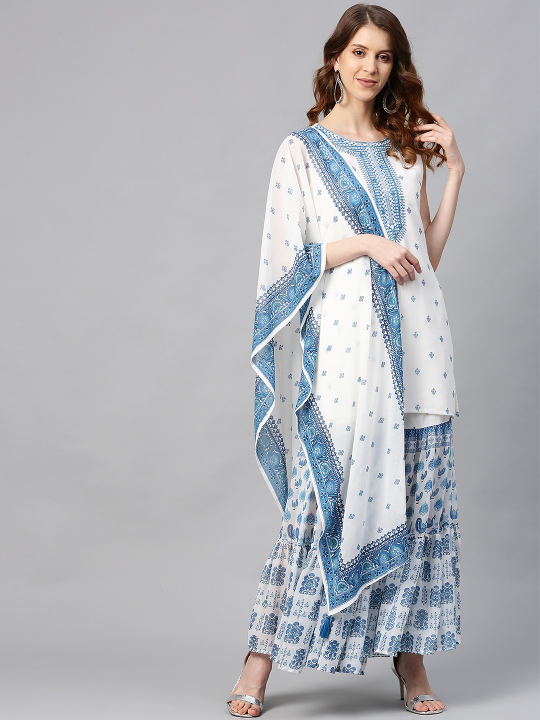 

Juniper Women White & Blue Foil Printed Kurta with Sharara & Dupatta