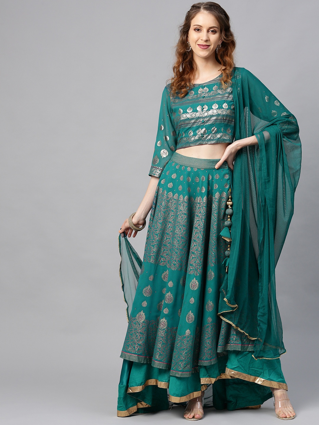 

Juniper Teal Green & Golden Print Ready to Wear Lehenga & Blouse with Dupatta