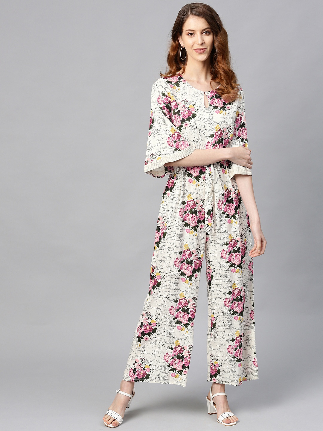 

Juniper Women Off-White & Pink Floral Print Basic Jumpsuit