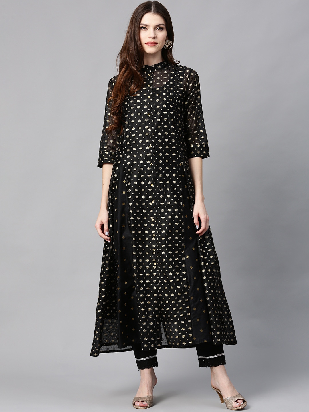 

Juniper Women Black & Golden Foil Print A-Line Kurta