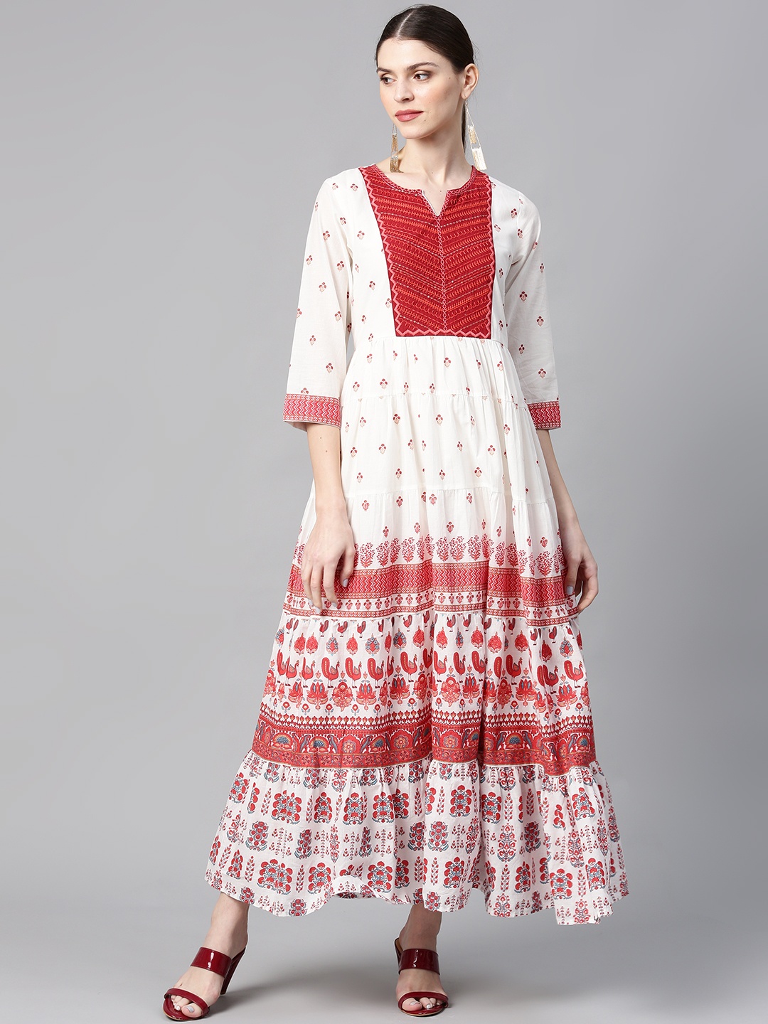

Juniper Women White & Red Printed Maxi Tiered Dress