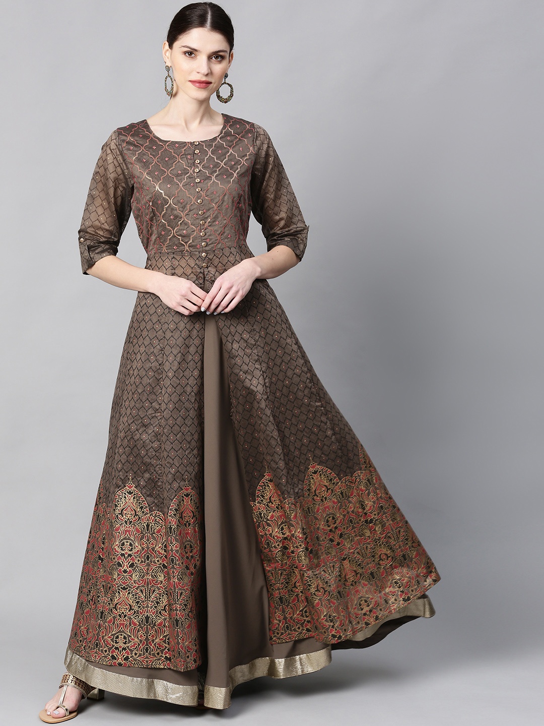 

Juniper Women Brown & Gold-Toned Embroidered Kurta with Skirt, Coffee brown