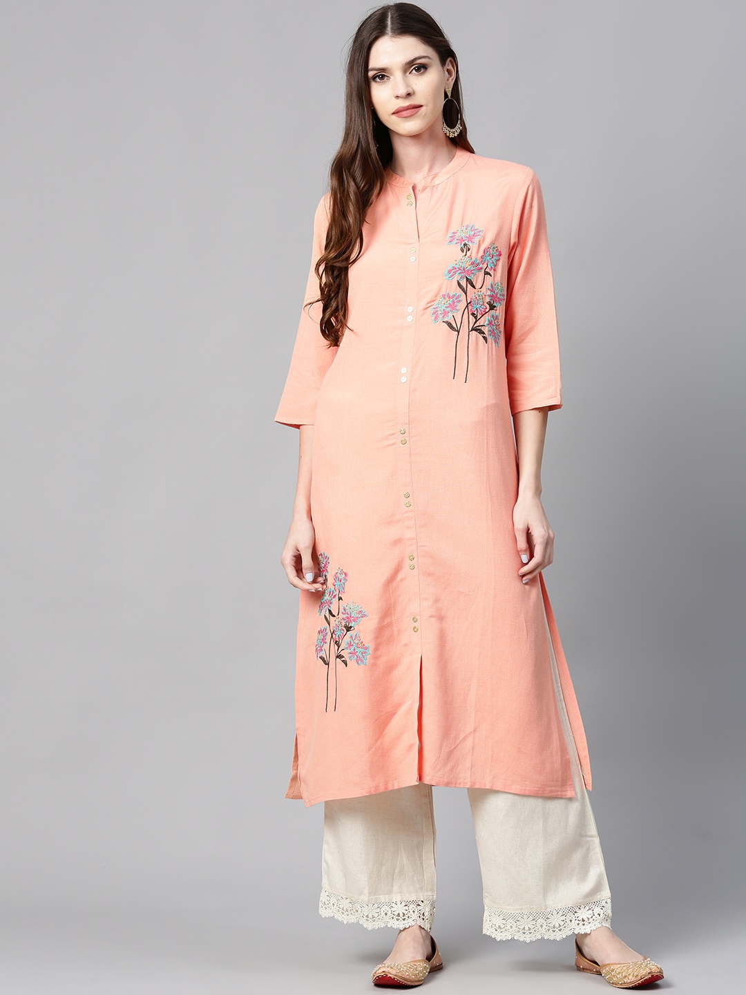 

Juniper Women Peach-Coloured & Blue Embroidered A-Line Kurta