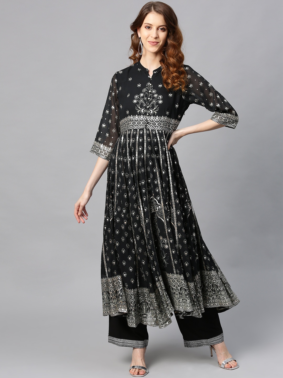 

Juniper Women Green & Black Foil Printed Anarkali Kurta with Palazzos