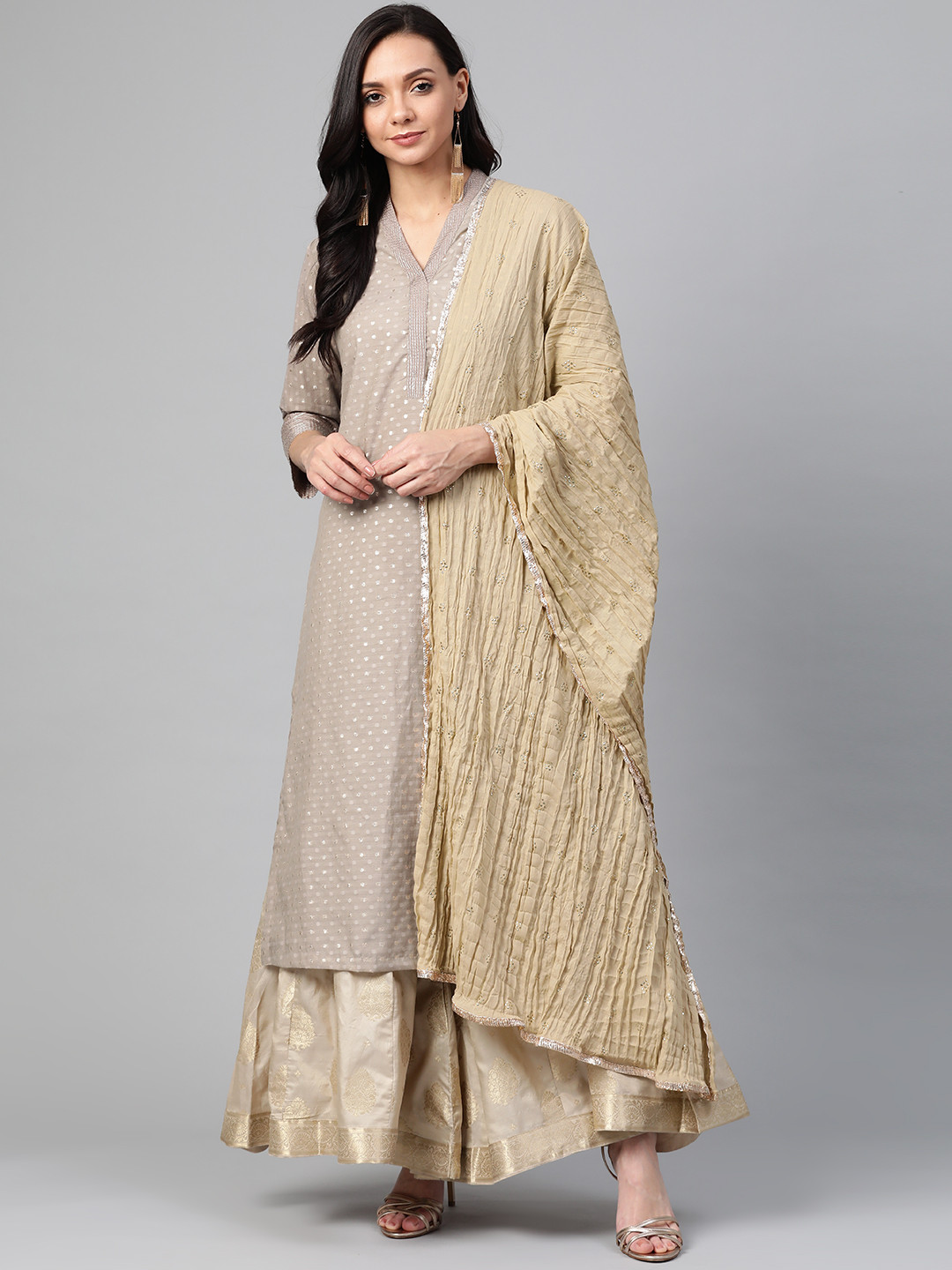 

Biba Women Taupe & Golden Self-Design Dobby Weave Kurta with Palazzos & Dupatta
