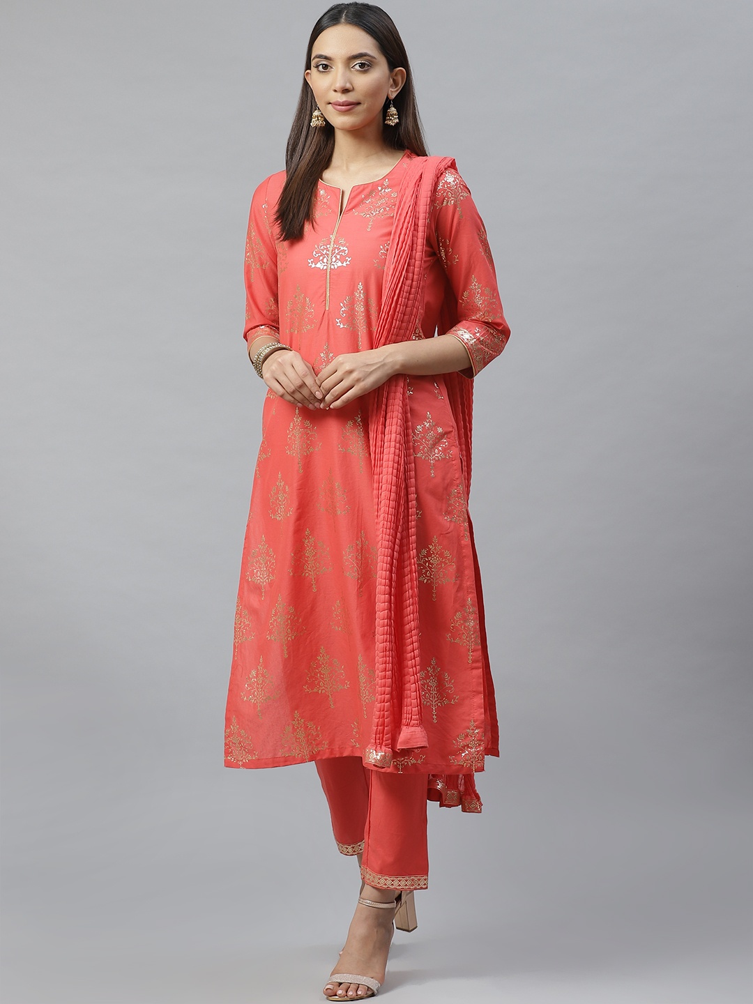 

Biba Women Coral Pink & Golden Ethnic Motifs Print Kurta with Trousers & Dupatta