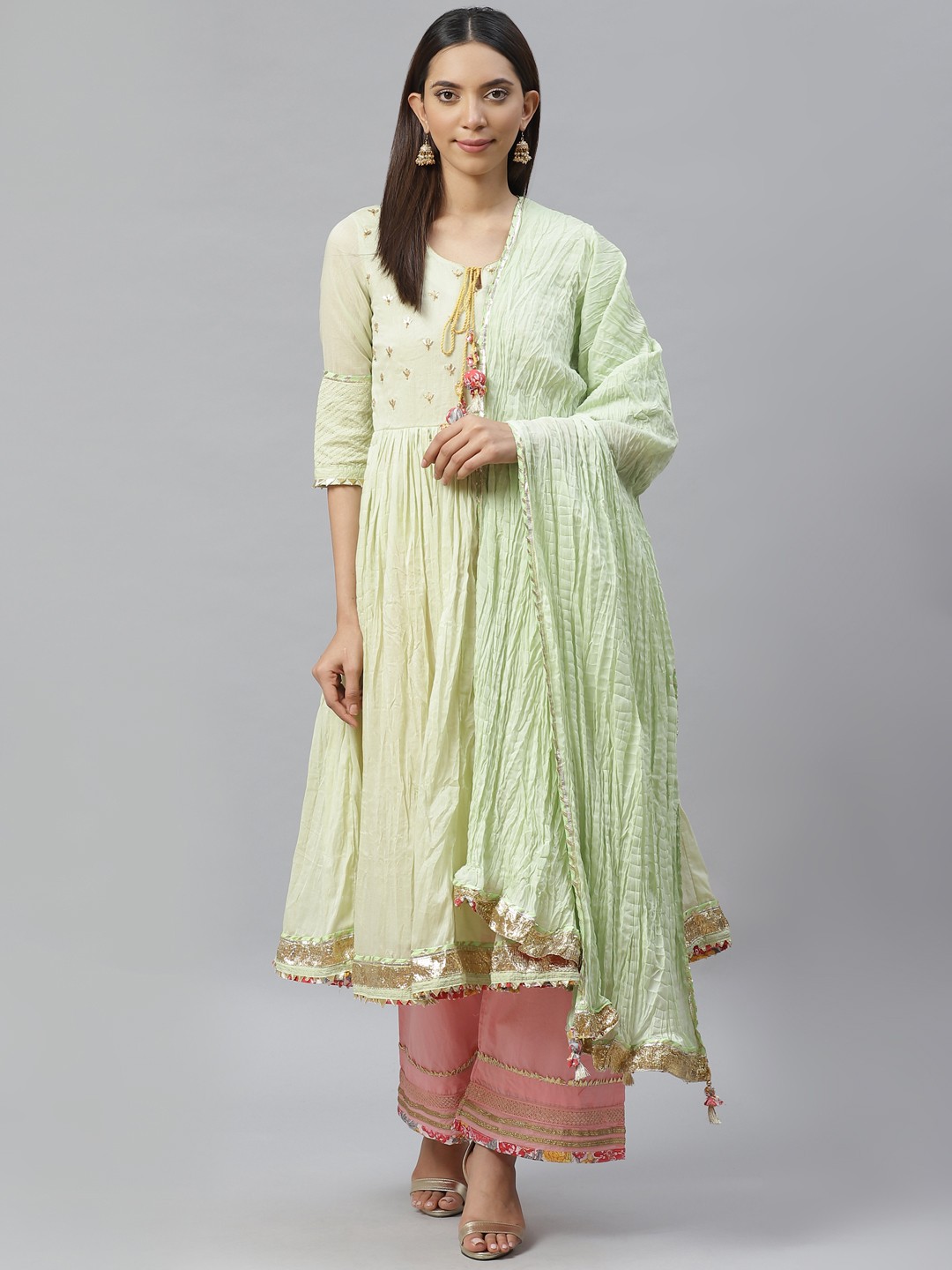 

Biba Women Green & Pink Solid Kurta with Palazzos & Dupatta