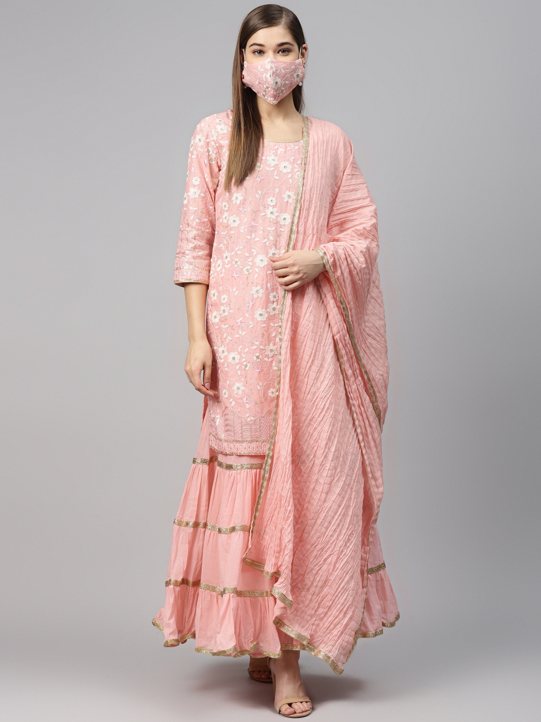 

Biba Women Pink Golden Embroidered Kurta Set