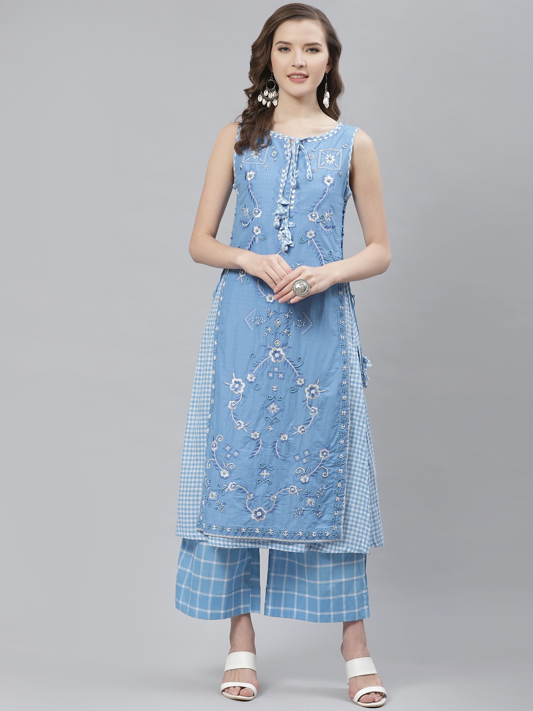 

Biba Women Blue & White Layered Embroidered Kurta with Palazzos