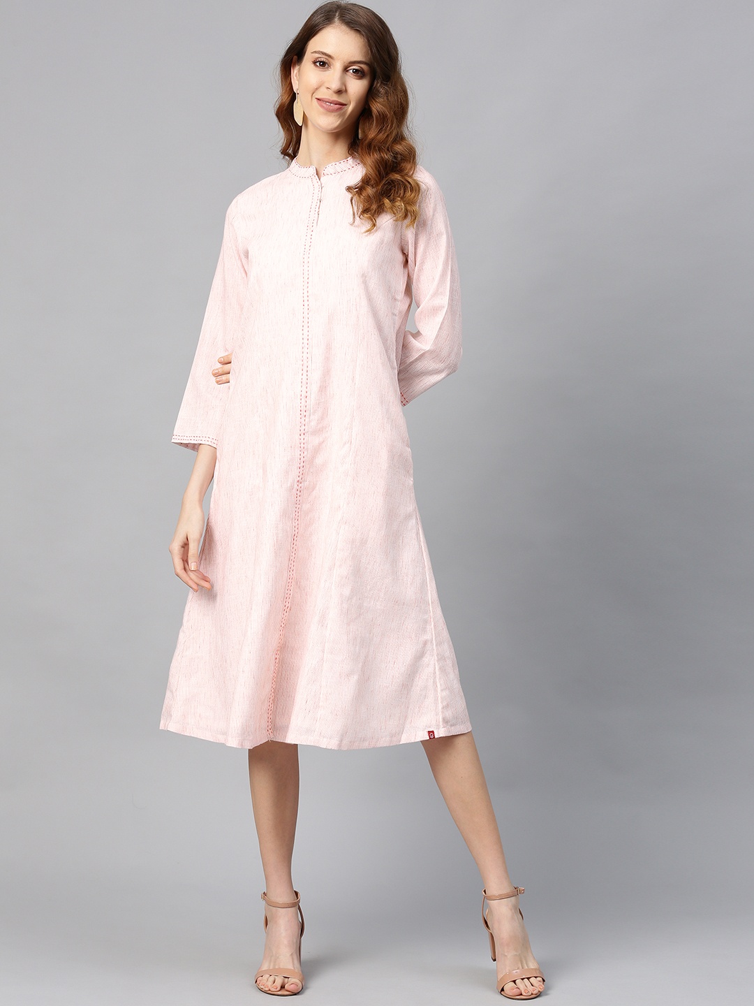 

Biba Women Off-White & Pink Self-Striped A-Line Dress