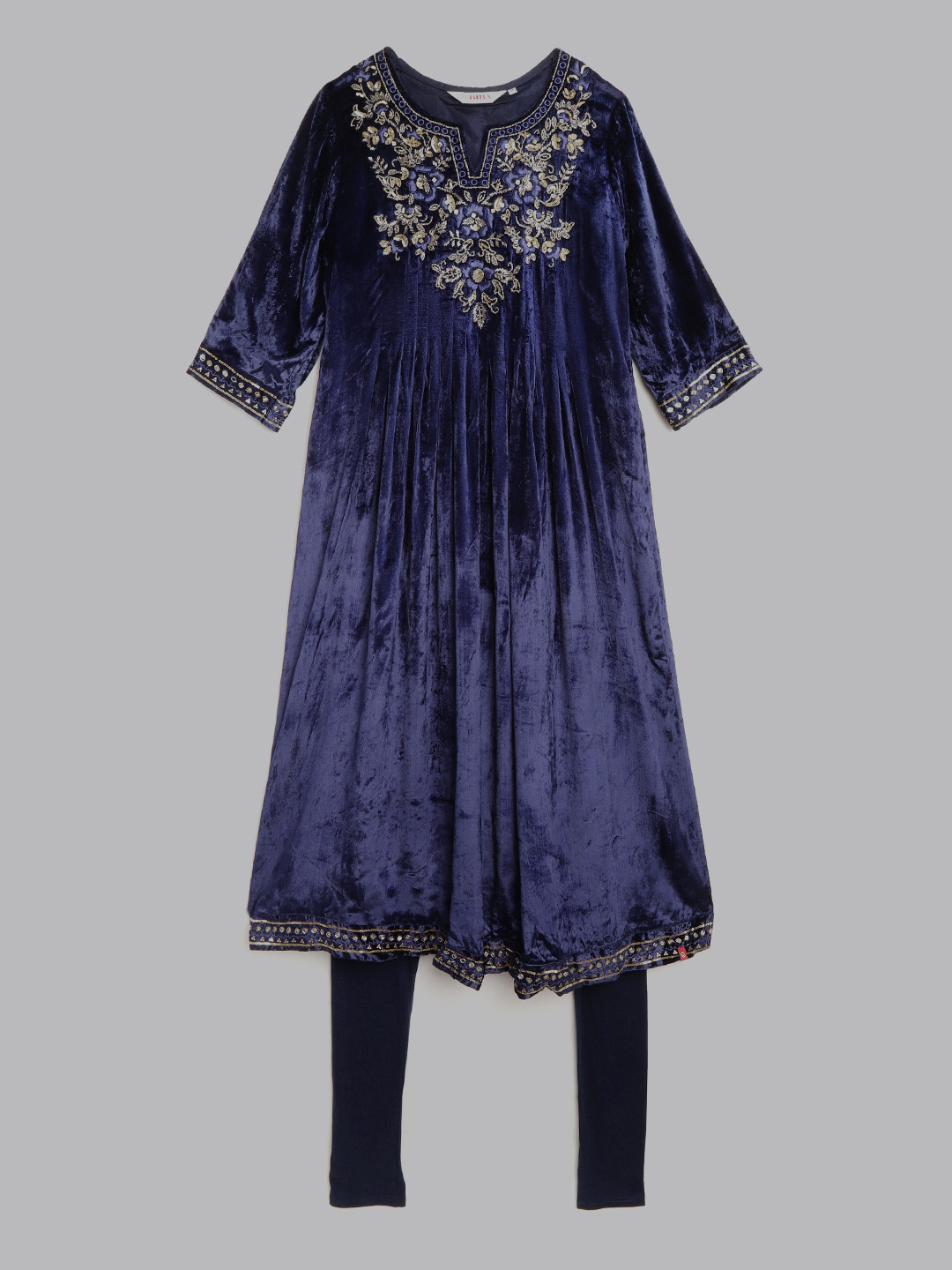 

Biba Women Blue & Golden Embellished Velvet Finish Kurta with Leggings
