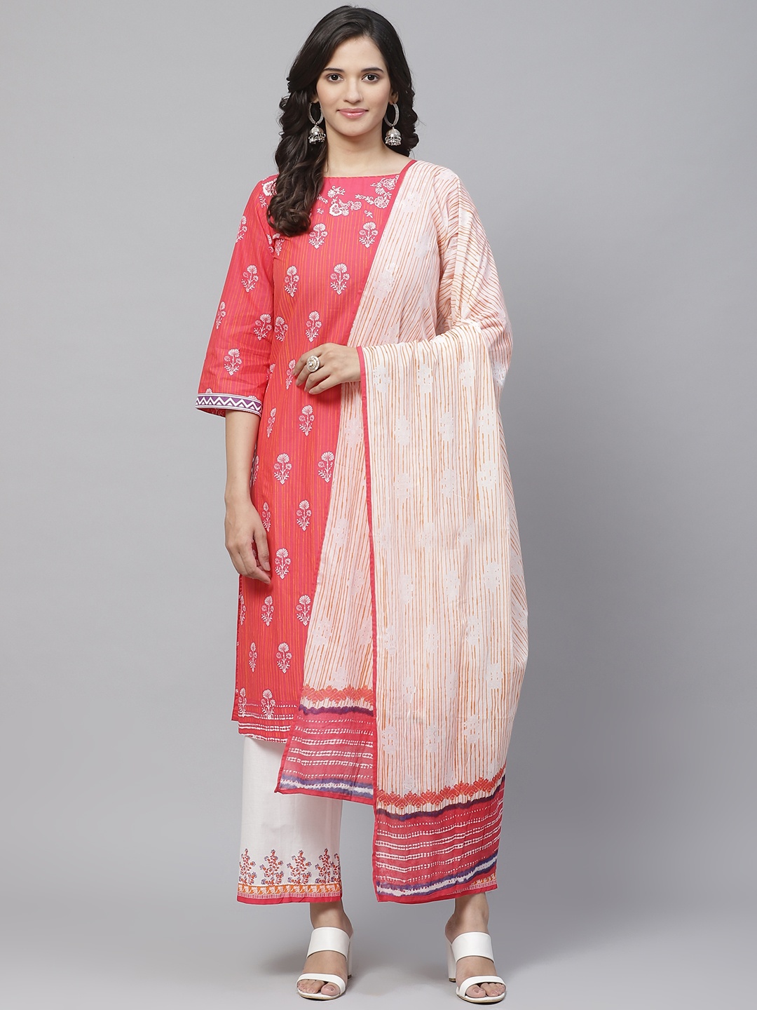 

Biba Women Coral Pink & White Printed Kurta with Palazzos & Dupatta