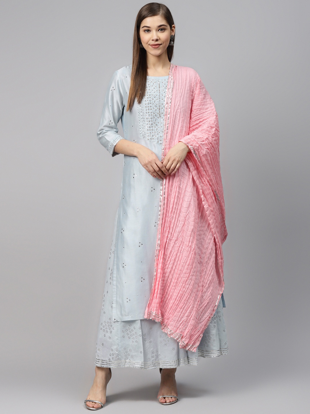 

Biba Women Blue & Pink Embellished Kurta with Skirt & Dupatta