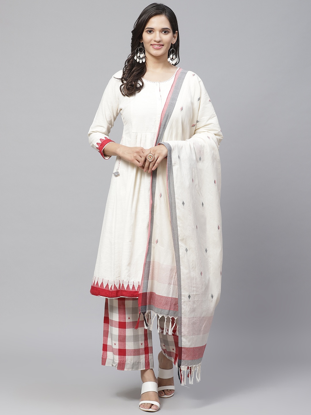 

Biba Women Off-White & Red Solid Kurta with Palazzos & Dupatta
