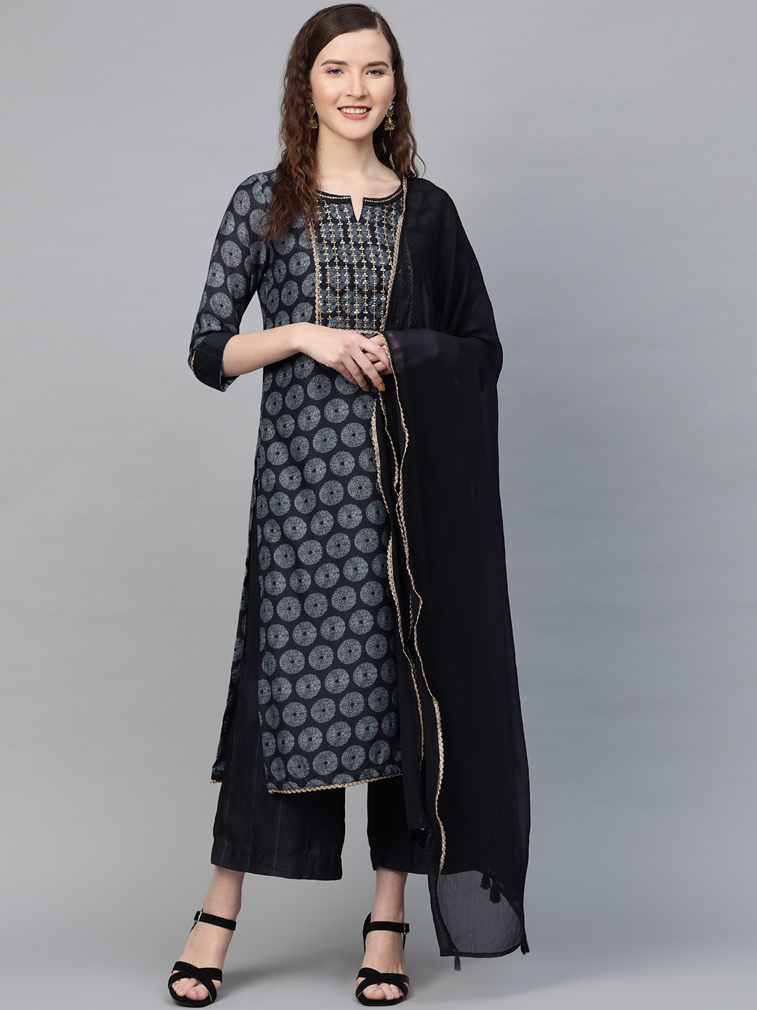 

Biba Women Navy Blue & Off-White Printed Kurta with Palazzos & Dupatta