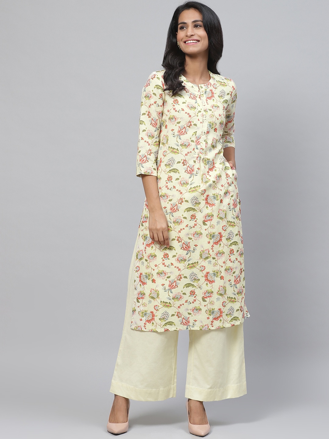 

Biba Women Cream-Coloured & Red Floral Printed Kurta with Palazzos