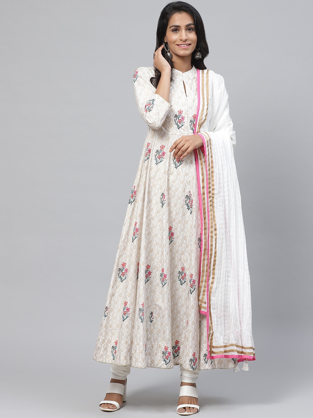 

Biba Women White & Golden Printed Kurta with Churidar & Dupatta