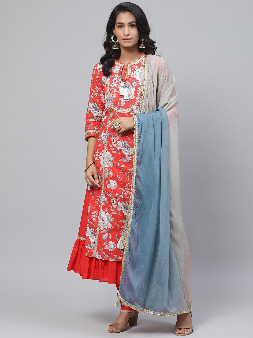 

Biba Women Red & Grey Floral Printed Kurta with Churidar & Dupatta